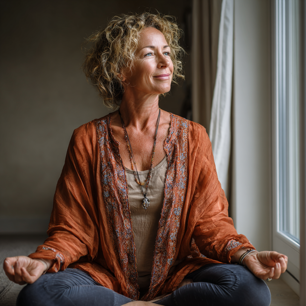Smiling middle-aged Ukrainian woman in comfortable yoga clothes sitting in meditation pose outdoors in natural sunlight