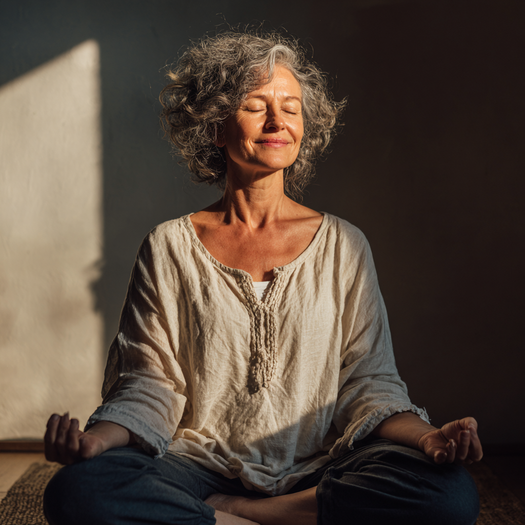 Peaceful elderly Ukrainian man practicing gentle yoga stretches in a serene indoor studio environment with natural lighting
