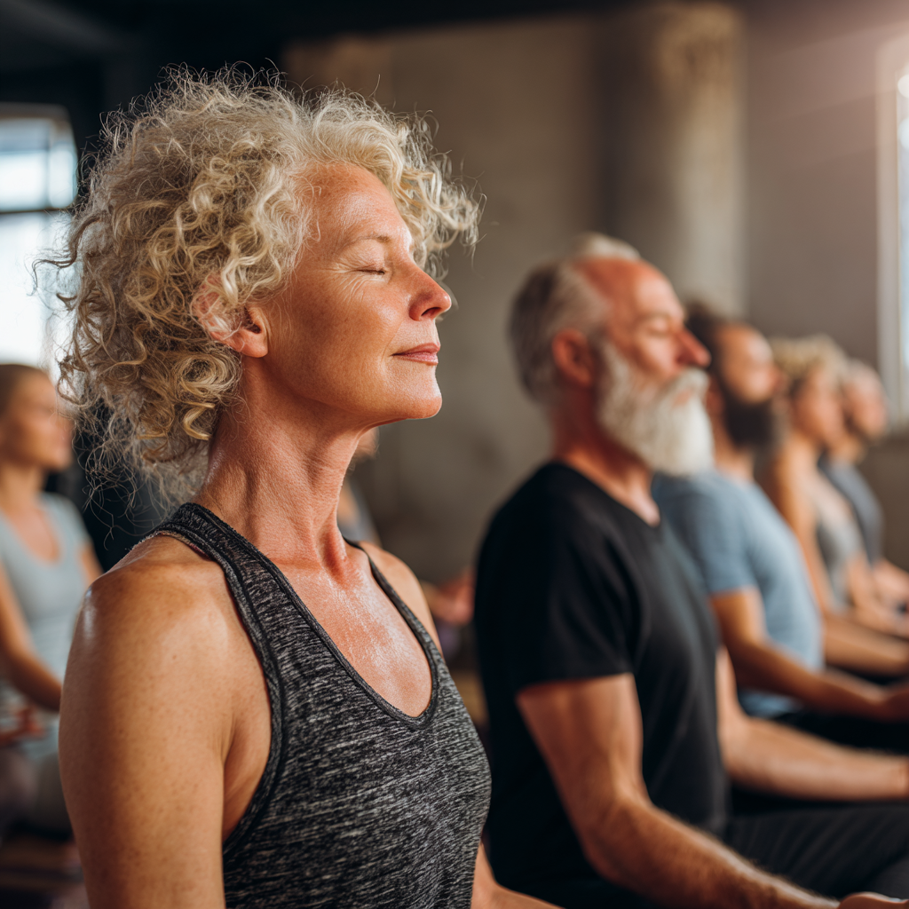 Group of diverse Ukrainian adults of different ages practicing morning yoga together in a bright studio with wooden floors
